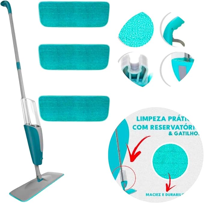 Mop Spray Fit Esfregao Para Limpeza da Casa Com Gatilho e Reservatorio Dispenser Para Agua Desinfetante + 3 Refil de Microfibra Duravel (Borrifa, limpa e Seca) Limpeza Simples e Facil.