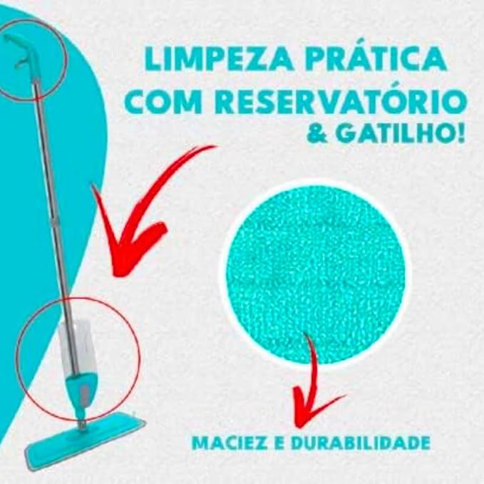 Mop Spray Fit Esfregao Para Limpeza da Casa Com Gatilho e Reservatorio Dispenser Para Agua Desinfetante + 3 Refil de Microfibra Duravel (Borrifa, limpa e Seca) Limpeza Simples e Facil.