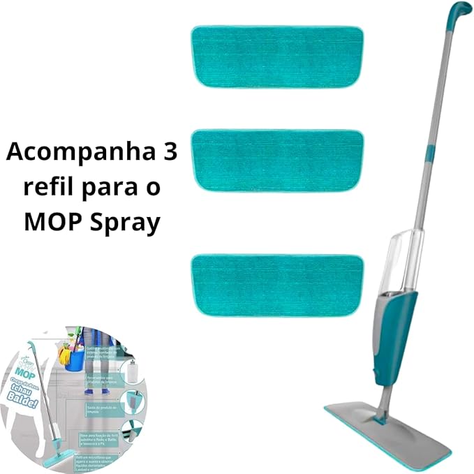 Mop Spray Fit Esfregao Para Limpeza da Casa Com Gatilho e Reservatorio Dispenser Para Agua Desinfetante + 3 Refil de Microfibra Duravel (Borrifa, limpa e Seca) Limpeza Simples e Facil.